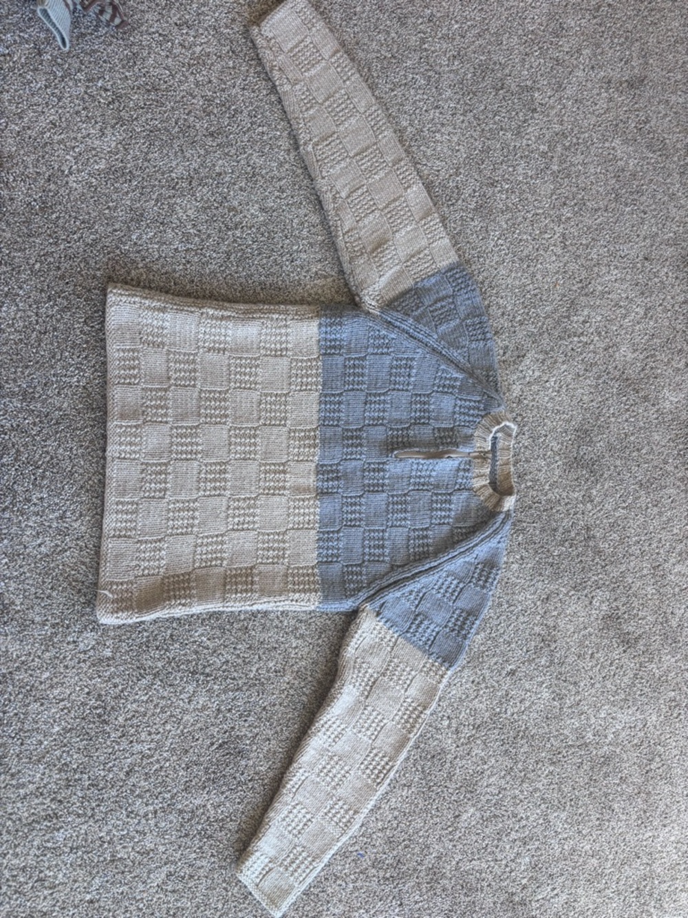 Hand knit Cream and Light Blue Colorblock Knit Sweater size 5/6 kids
